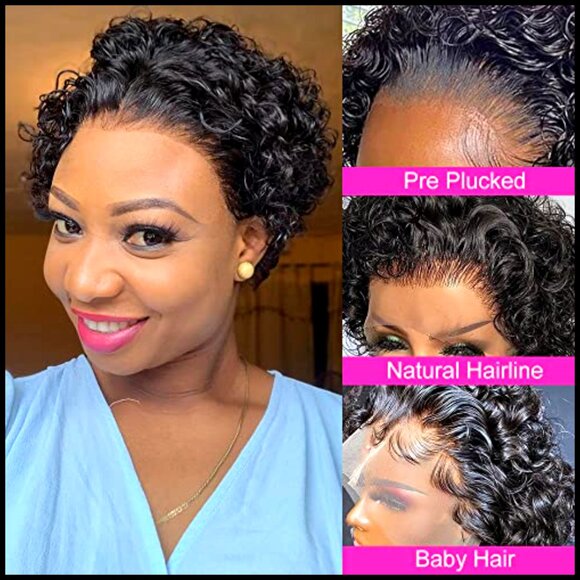 Short Curly Human Hair Lace Front Wig Pre Plucked Pixie Cut Natural main image 4
